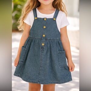 Copper Key Blue Denim Overall Dress with Yellow Accents